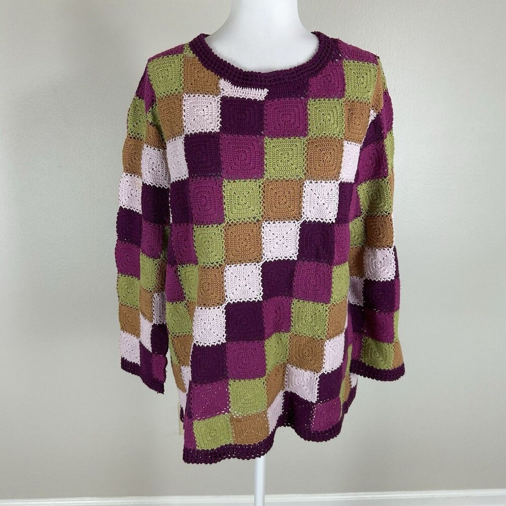 Crochet Granny Square Sweater Retro Colorful Boho XL Knit Pullover Vintage
